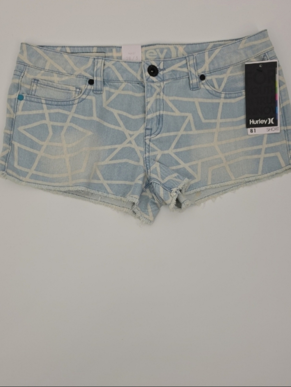 Hurley Women’s Strech Denim Shorts Size 28 Blue Geo Print Cut Off NWT